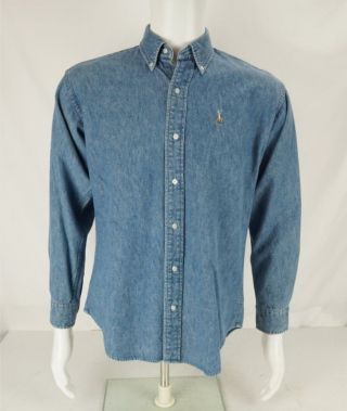 Vtg Polo Ralph Lauren Button Down Cotton Denim Shirt Blue Men 