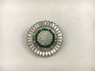 Vtg Art Deco Clear And Emerald Green Rhinestone Pin Brooch Round