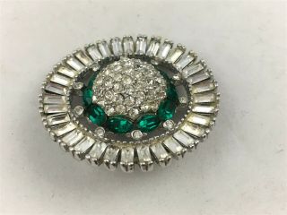 Vtg Art Deco Clear and Emerald Green Rhinestone Pin Brooch Round 2