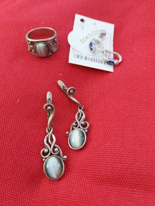 Silver Jewellery Set Vintage Dated Approx 1960s Silver Agate Ring And Earrings