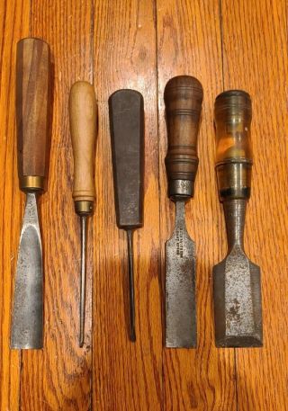 5 Vintage Wood Chisels Various Makers Buck Bros Stanley Sculpture Assoc.  Carving