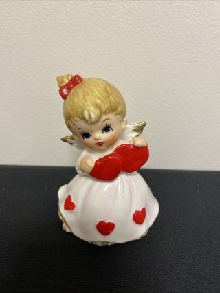 Vtg Lefton Valentine Angel Girl Figurine 7699 Holds Two Big Red Hearts 1950s