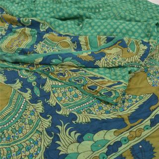 Sanskriti Vintage Green Sarees Pure Crepe Silk Peacock Printed Sari Craft Fabric