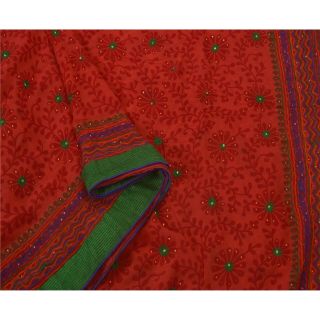Sanskriti Vintage Sarees Blend Georgette Hand Beaded Red 5 Yd Premium Craft Sari