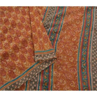 Sanskriti Vintage Orange Saree Pure Crepe Silk Hand Beaded Fabric Premium Sari