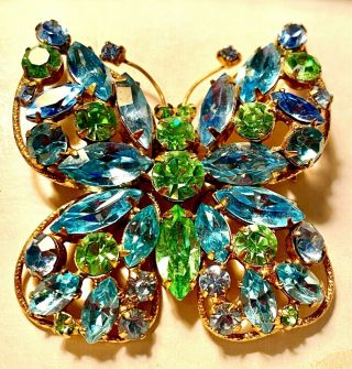 Vintage Regency Signed Green & Blue Rhinestone Butterfly Brooch Pin 2 " Antique