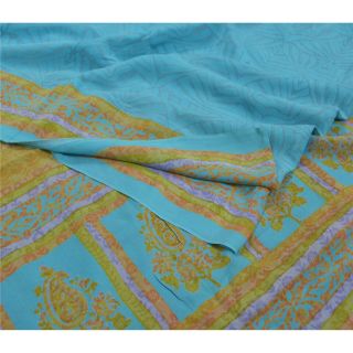Sanskriti Vintage Blue Sarees Pure Crepe Silk Printed Sari Soft 5yd Craft Fabric