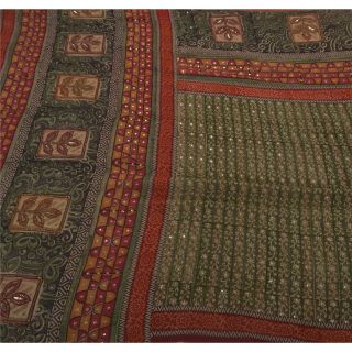 Sanskriti Vintage Green Saree Pure Georgette Silk Hand Beaded Fabric Craft Sari