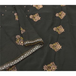 Sanskriti Vintage Black Sarees Pure Georgette Silk Hand Embroidered Sari Fabric