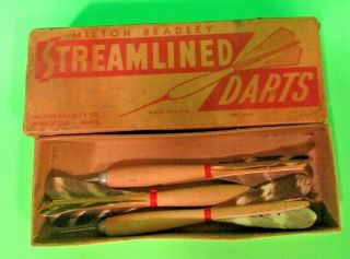 Vtg Milton Bradley Streamlined Darts,  3 Wooden Steel Tip Feather Darts