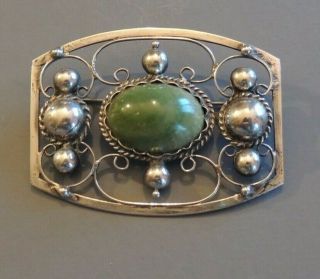 Vintage Large Sterling Silver Pin W/ Green Stone,  Mexican Filigree Brooch