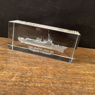 Vtg Uss Mustin Ddg 89 Us Navy Military Ship Glass Paperweight Toujours L’audace
