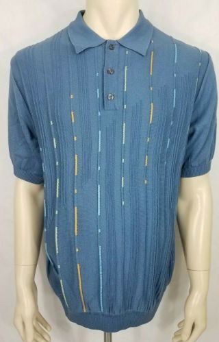 Vintage St.  Croix Knits Blue Textured Striped Short Sleeve Polo Shirt Mens Large