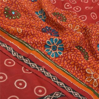 Sanskriti Vintage Dark Red Sarees Pure Crepe Silk Printed Sari 5yd Craft Fabric