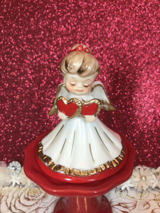 Vtg Lefton Valentine Angel Girl W/ Two Red Hearts Lacy Gold Trim Figurine Japan