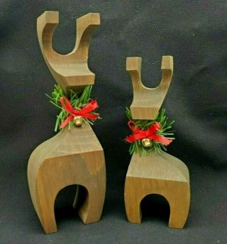 2 Vintage Mid - Century Modern Danish Wooden Reindeer Hand Crafted Bow & Bell - Euc