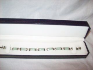 Vintage Su 925 Sterling Silver Light Green Jade Link Bracelet Good Fortune 7.  25