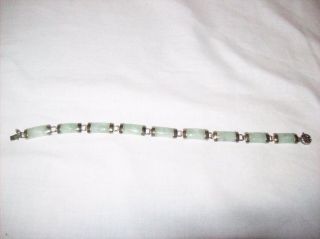 Vintage SU 925 Sterling Silver Light Green Jade Link Bracelet Good Fortune 7.  25 2