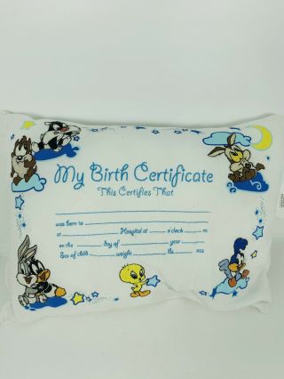 Vintage Baby Looney Tunes Birth Certificate Pillow 1999 Gerber Bugs Bunny Tweety