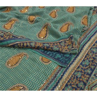 Sanskriti Vintage Green Sarees Pure Crepe Silk Sari Printed Hand Beaded Fabric
