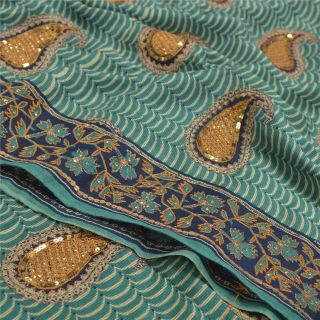 Sanskriti Vintage Green Sarees Pure Crepe Silk Sari Printed Hand Beaded Fabric 3