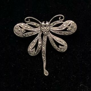 Vintage Sterling Silver Marcasite Dragonfly Delicate Pin / Brooch