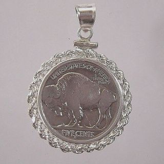 Coin Pendant Vintage Buffalo Nickel Sterling Silver Rope Bezel Soldered Bail