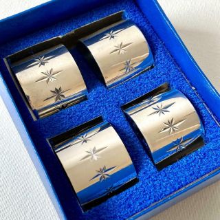 Vintage James Ryals Boxed Set 4 Quality Silver Plated Starburst Napkin Rings