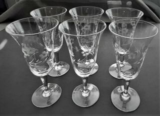6 Vintage Champagne Glasses 6 1/4 " Tall Etched Flutes Very Delicate