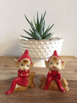 Vintage Ceramic Red Pixie Elves Sitting On Logs Made In Japan Kitschy Cute Pair