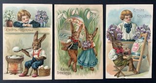 Vintage Easter Postcards (3) Dressed Rabbits W/eggs,  Children Embossing