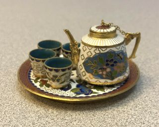 Vintage Cloisonne Enamel And Bronze White Tea Pot And 4 Cups Set
