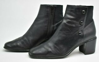 Womens Vintage 80s 90s Black Leather Ankle Boots Sz 7 M Chunky Heels Booties