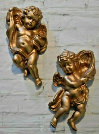 Set 2 Vintage Gold Angel Cherubs Wall Plaques Hanging Décor Resin Homco 1120