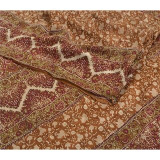 Sanskriti Vintage Sarees 100 Pure Crepe Silk Fabric Craft Printed Brown Sari