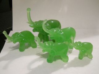 5 - Vintage Green Jade Colored Miniature Carved Elephant Figurines,  Cond