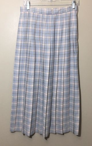 Vintage Talbots Pink Blue Gray 100 Wool Houndstooth Plaid Long Pleated Skirt 10