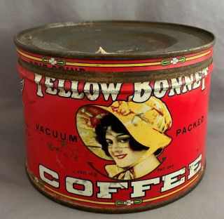Vintage Yellow Bonnet Coffee Tin 1 Lb Can With Lid Springfield Missouri