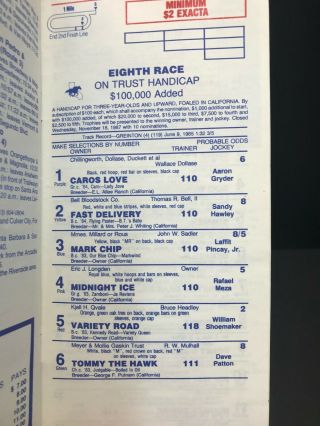 HOLLYWOOD PARK 1987 FALL HOLIDAY HORSE RACE PROGRAM VARIETY ROAD ON TRUST HDCP 2