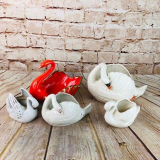 5 Vintage Porcelain Ceramic White Swan Planters Vase Made In Japan