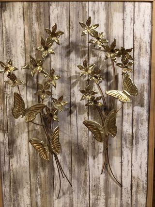 Vtg Home Interiors Wall Art Brass/copper/gold Metal Leaf Flowers Butterfly Homco