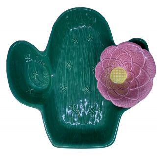 Vtg 80s Treasure Craft Green Cactus Chip & Dip With Pink Flower Bowl Ceramic
