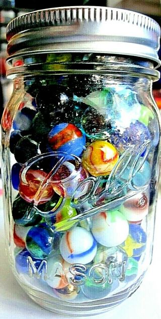 Vintage Marbles In Glass Mason Jar Peltier Akro Agate Alley Agate Vitro More