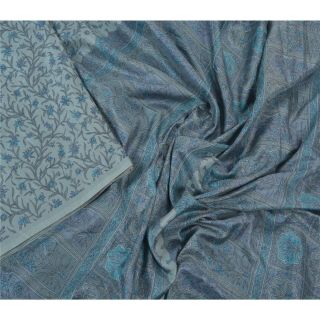 Sanskriti Vintage Gray Indian Sarees Pure Silk Printed Sari 5 Yd Craft Fabric