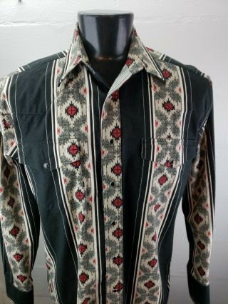 Vintage Wrangler Aztec Pearl Snap Western Cowboy L/s Shirt Mens Large Black Red