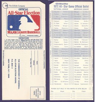 1972 Mlb Baseball All Star Game Ballot Roberto Clemente Thurman Munson