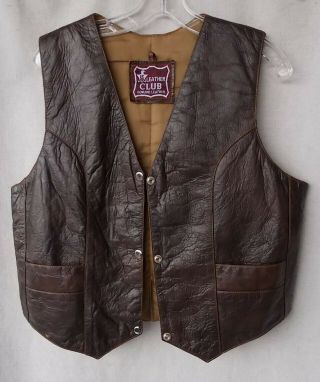 Vintage Men’s Brown Leather Club Western Vest Lined Size M - L Snap Front