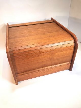 Vintage Mid Century Danish Teak Tech Rolltop Wood File Box Video Game Holder Euc