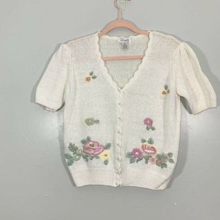 Vintage Early 90’s White Knitted Pink Floral Button Front Cottage Sweater