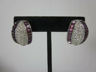 Vintage Signed Nolan Miller Purple Baguette Clear Pave Rhinestone Clip Earrings